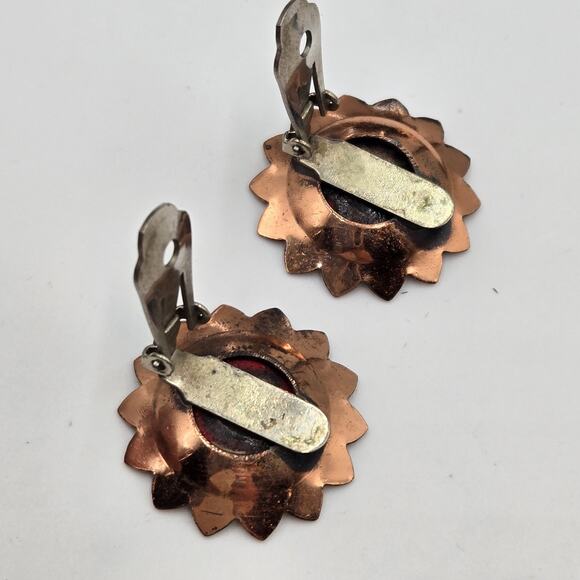 Vintage Matisse Enamel On Copper w/ Red Centers Clip On Earrings Mid Century - Picture 4 of 5